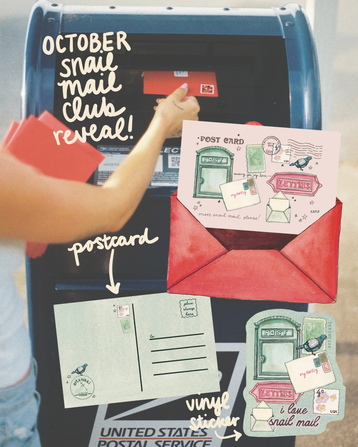 artxnikki Snail Mail Club: Monthly Post Card and Sticker Subscription