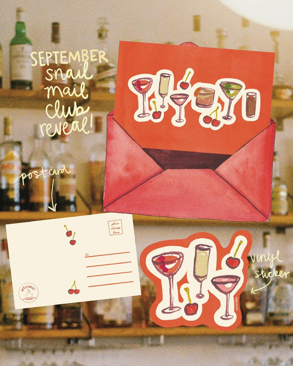artxnikki Snail Mail Club: Monthly Post Card and Sticker Subscription
