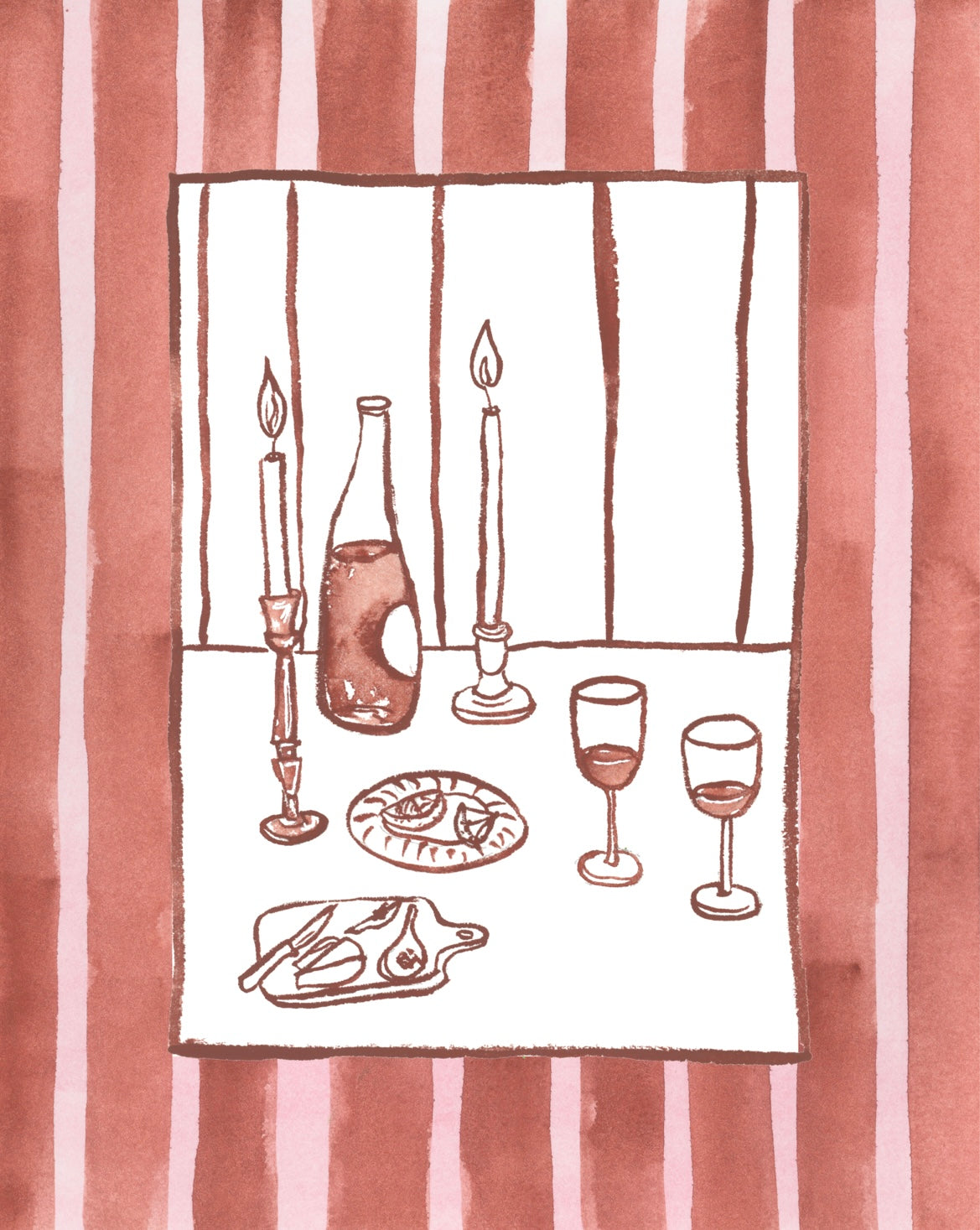 Kitchen Line Drawing: Maroon Dinner Setting with Stripe Border Print