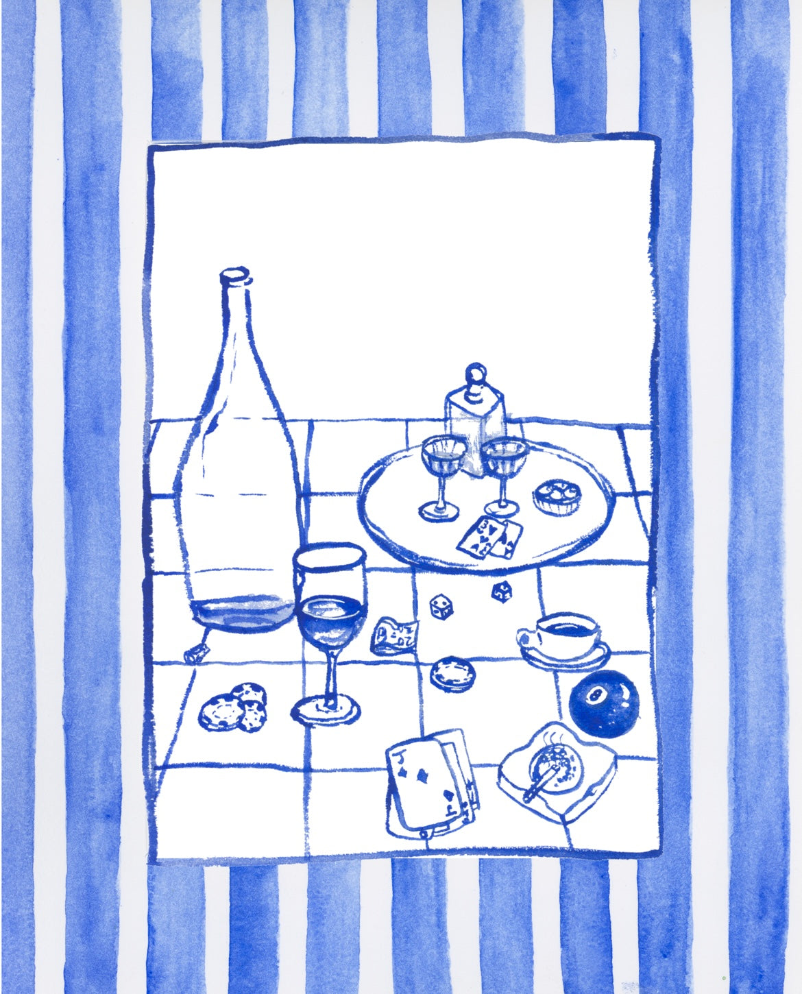 Kitchen Line Drawing: Blue Party Setting with Stripe Border Print