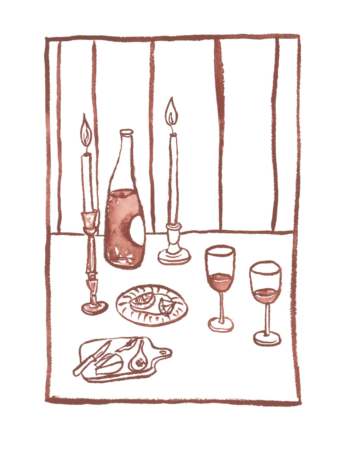 Kitchen Line Drawing: Maroon Dinner Setting Print