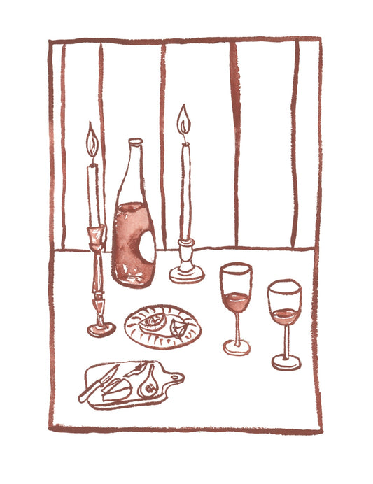 Kitchen Line Drawing: Maroon Dinner Setting Print
