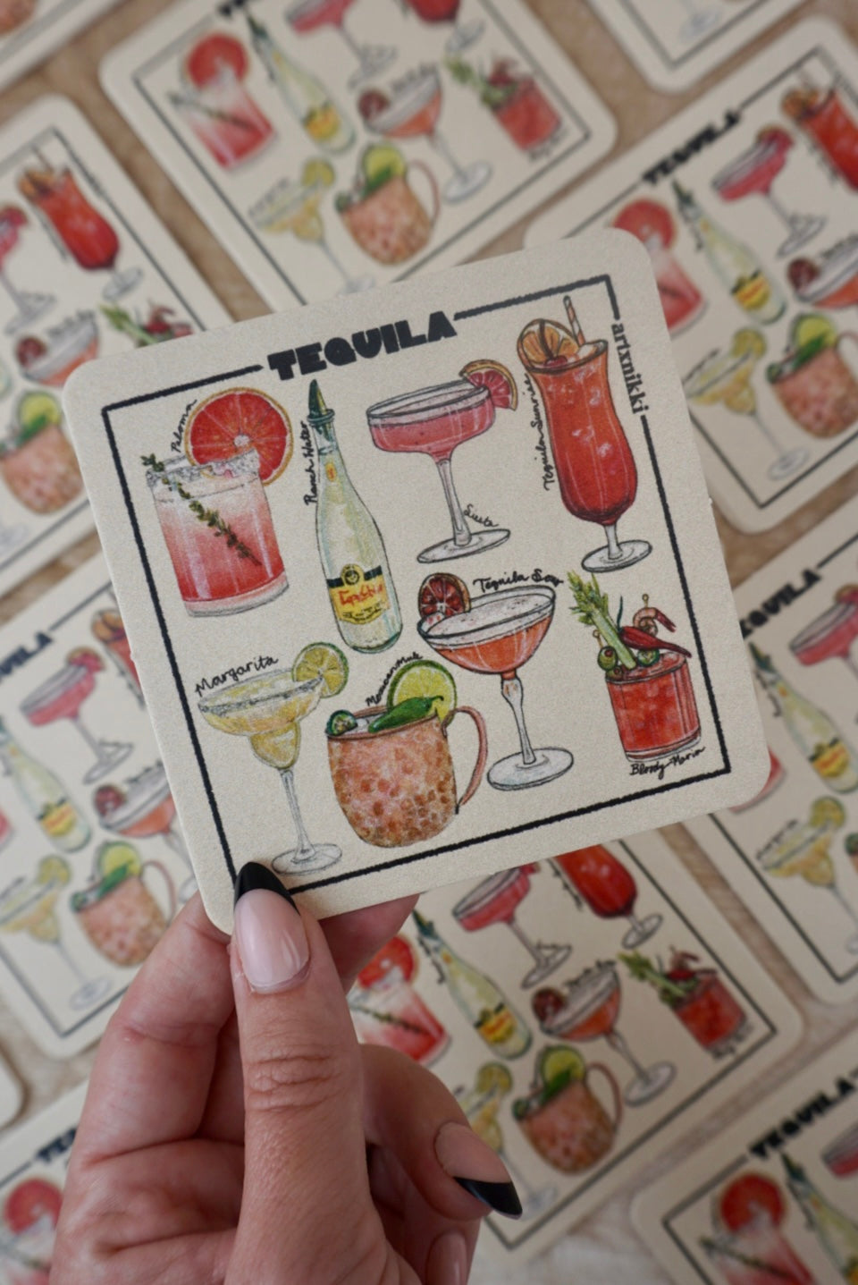 Classic Cocktail Variety Coaster Set of 4  (Bourbon, Gin, Vodka, Tequila)