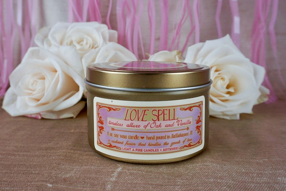 "Love Spell" 8 oz. Soy Wax Candle: Oak and Vanilla
