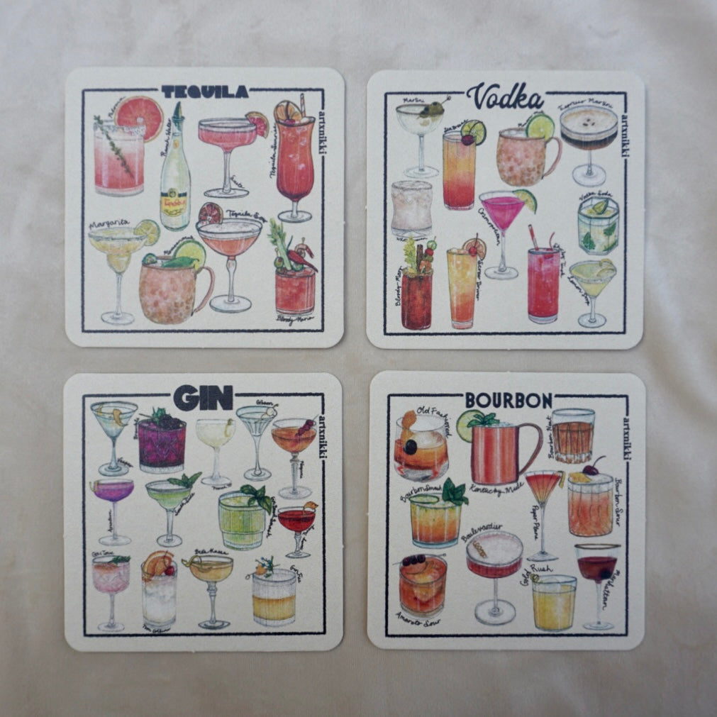 Classic Cocktail Variety Coaster Set of 4  (Bourbon, Gin, Vodka, Tequila)