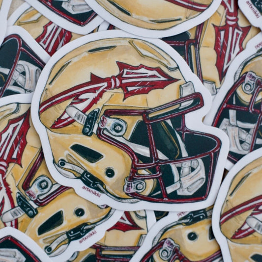 Collection of football helmet stickers with a yellow, red, and black design.