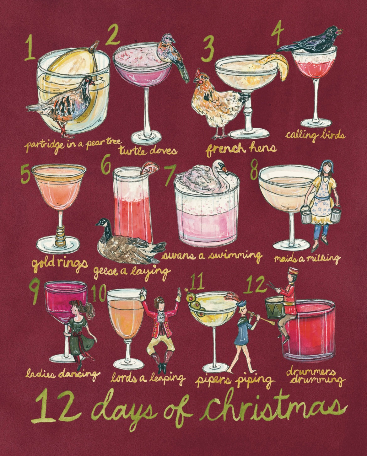 12 Day of Christmas Cocktails Art Print