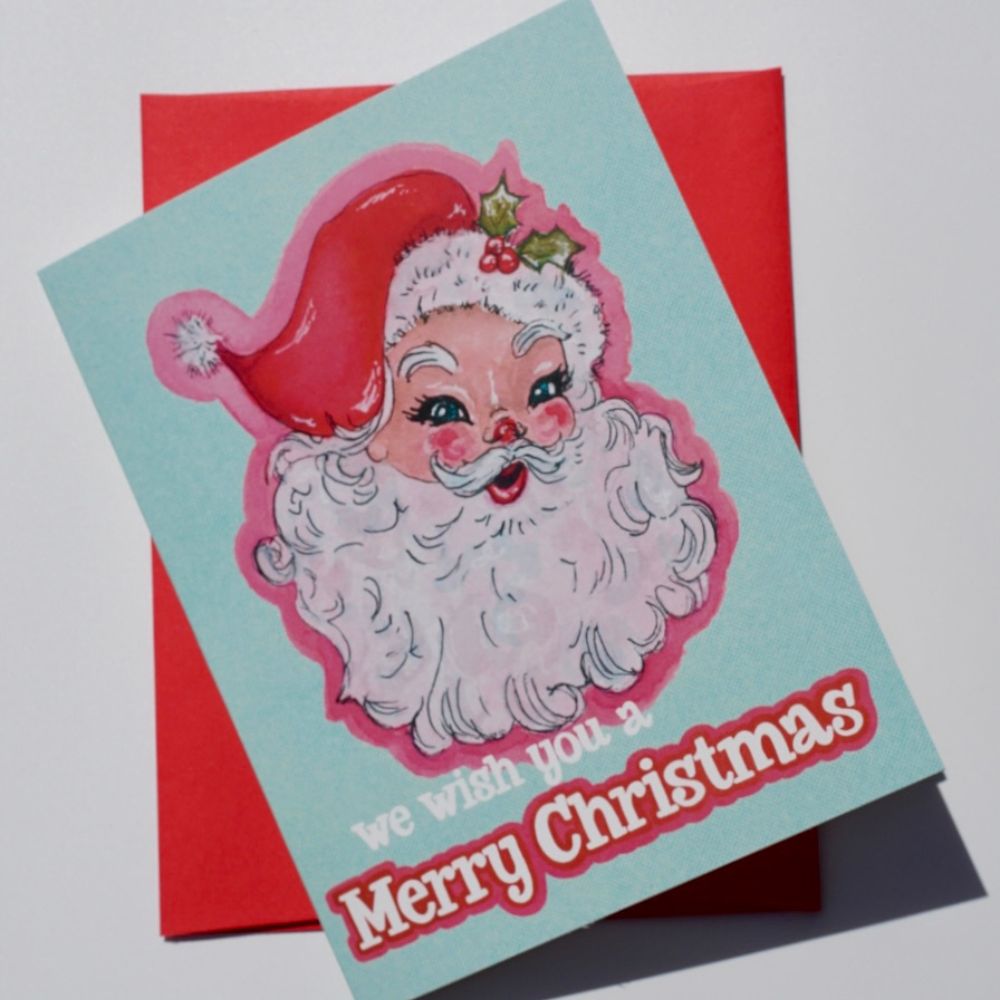 Vintage Santa "We Wish You a Merry Christmas" Holiday Card + Envelope