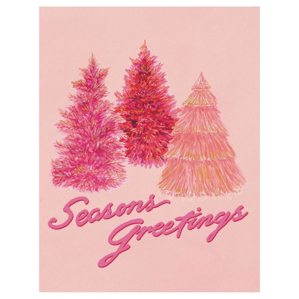 Pink Christmas Trees "Seasons Greetings" Holiday Card + Envelope
