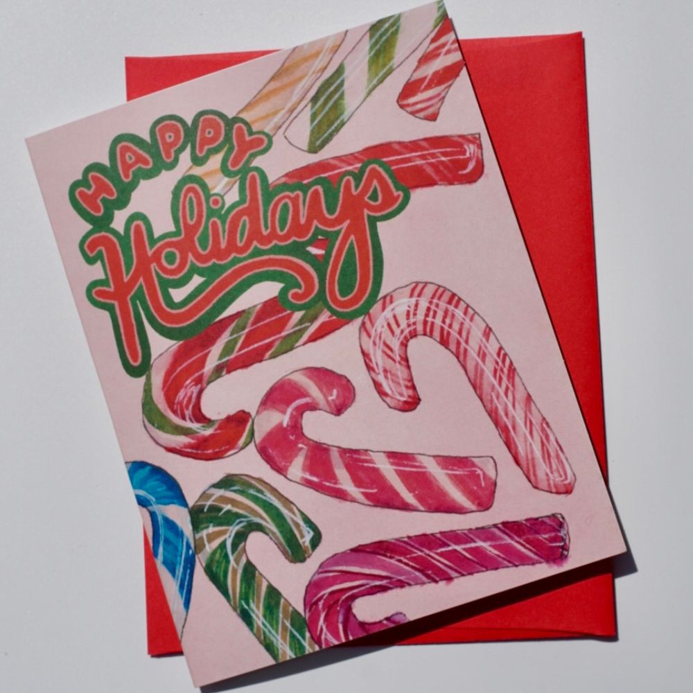 Vintage Candy Canes "Happy Holidays" Holiday Card + Envelope