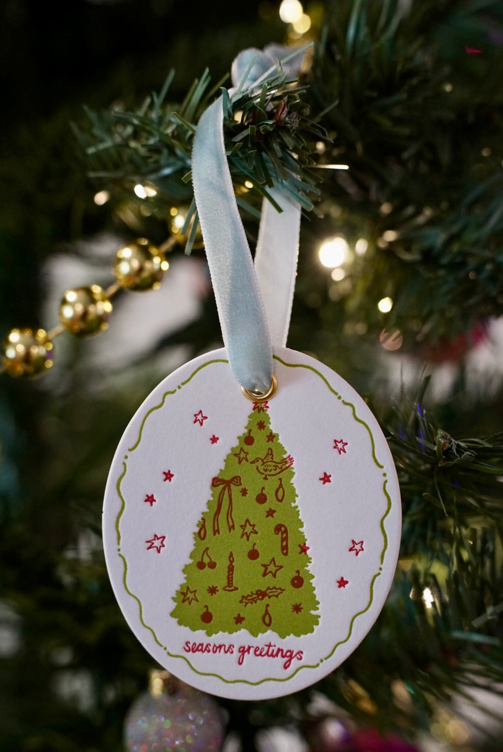 "Seasons Greetings" Letterpress Holiday Ornament / Gift Topper