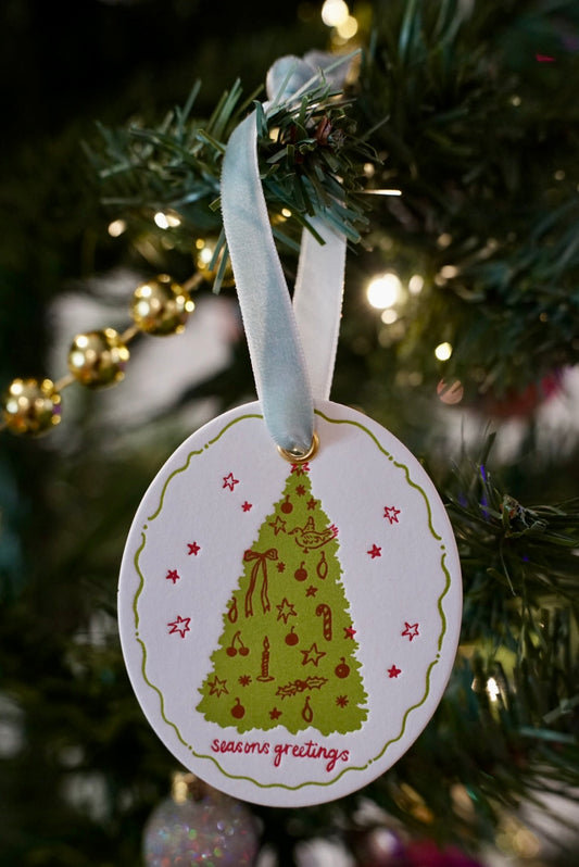 "Seasons Greetings" Letterpress Holiday Ornament / Gift Topper