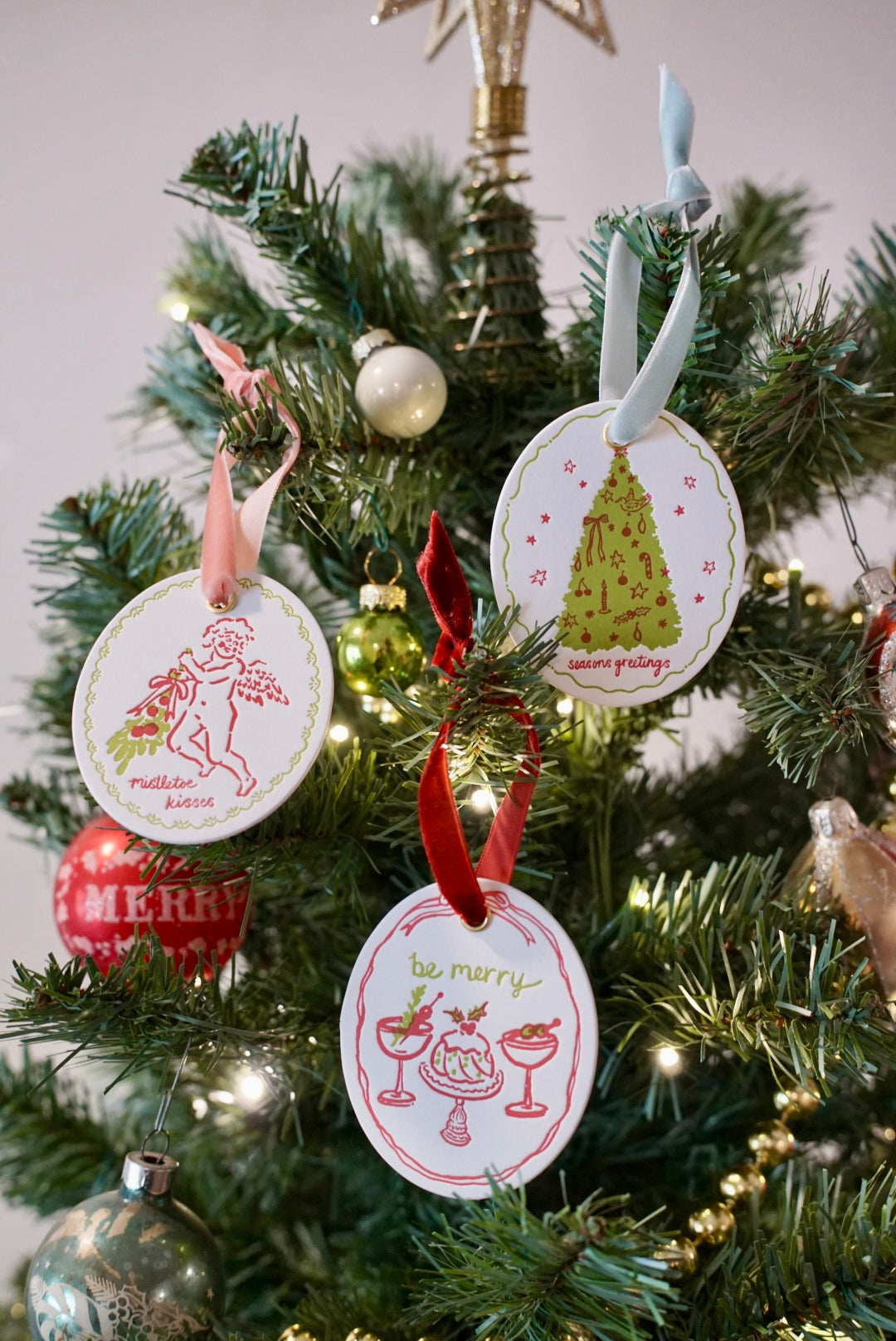 "Seasons Greetings" Letterpress Holiday Ornament / Gift Topper