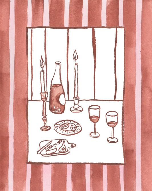 Kitchen Line Drawing: Maroon Dinner Setting with Stripe Border Print