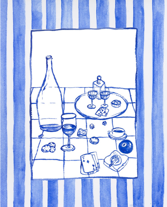 Kitchen Line Drawing: Blue Party Setting with Stripe Border Print