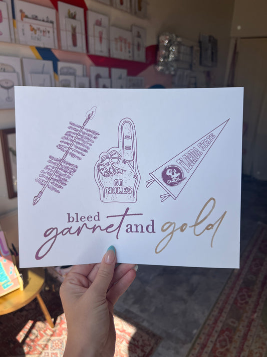 "bleed garnet and gold" Hand Embellished Art Print