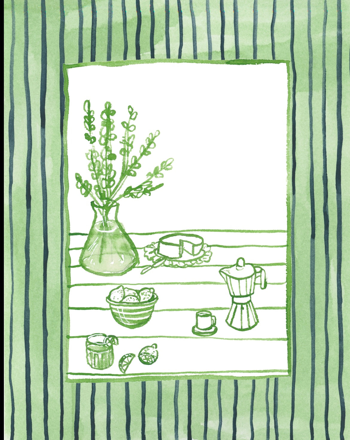Kitchen Line Drawing: Green Morning Setting with Stripe Border Print