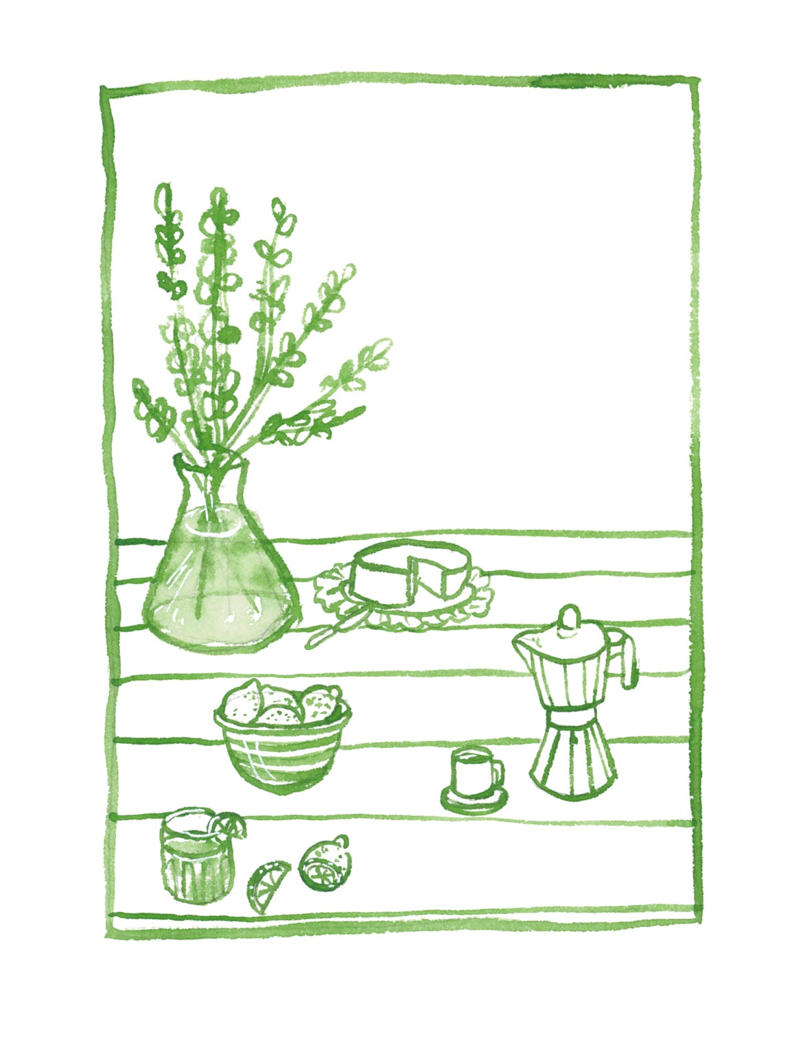 Kitchen Line Drawing: Green Morning Setting Print