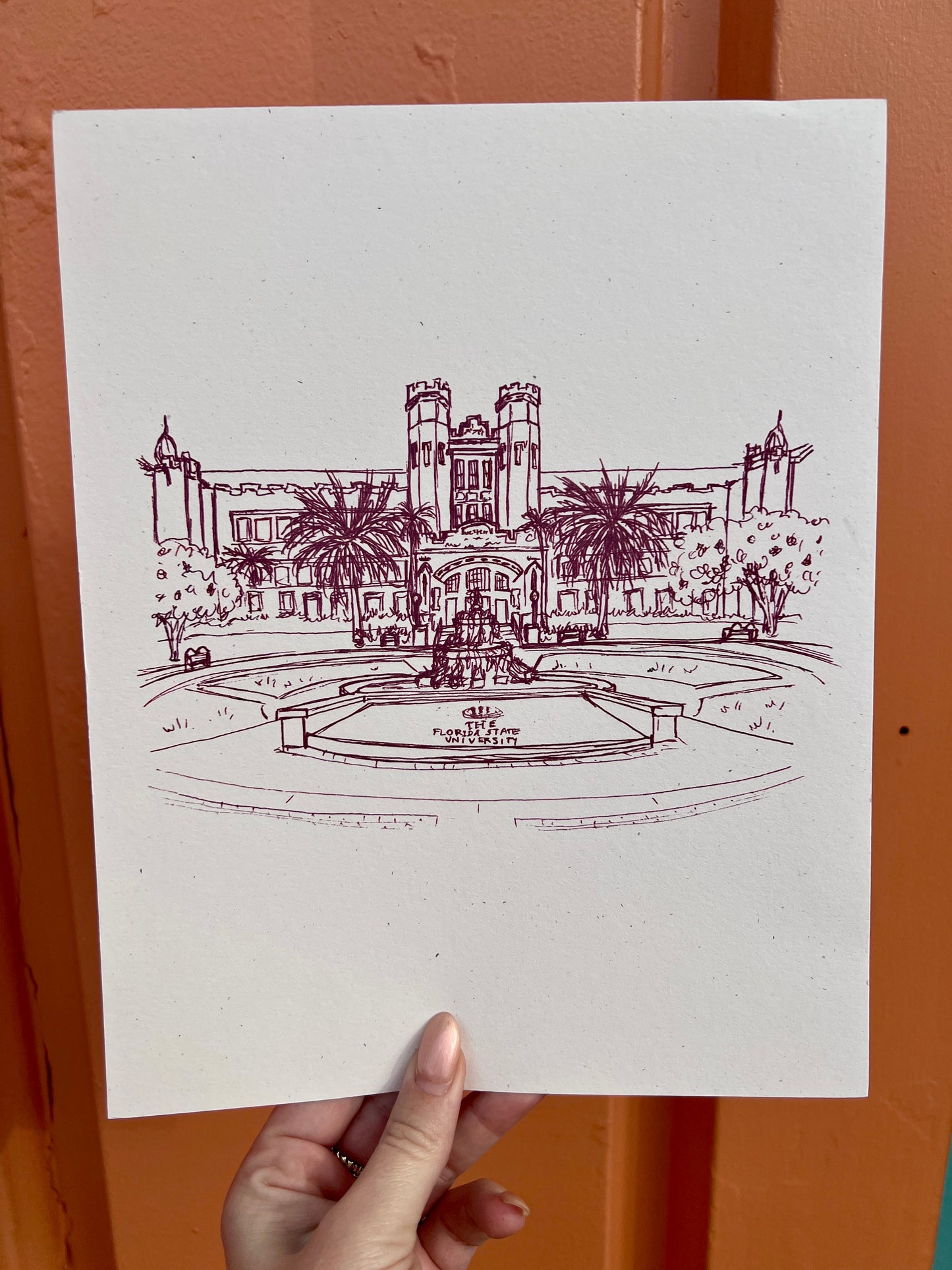 Florida State University Westcott Fountain Garnet Line Drawing Print