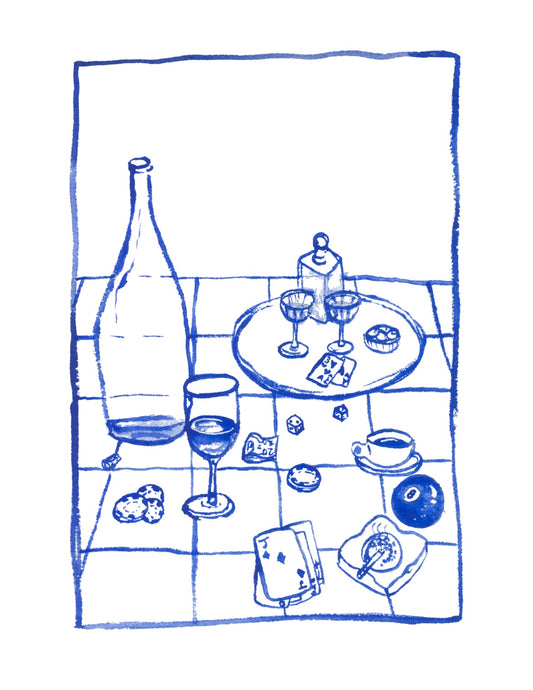 Kitchen Line Drawing: Blue Party Setting Print